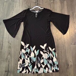 Dana Buchman Black Dress with Blue and White Leaf Pattern - Small